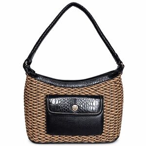 Brighton Woven Hobo Bag | Black Leather Croc Embossed Trim | Boho Chic Handbag